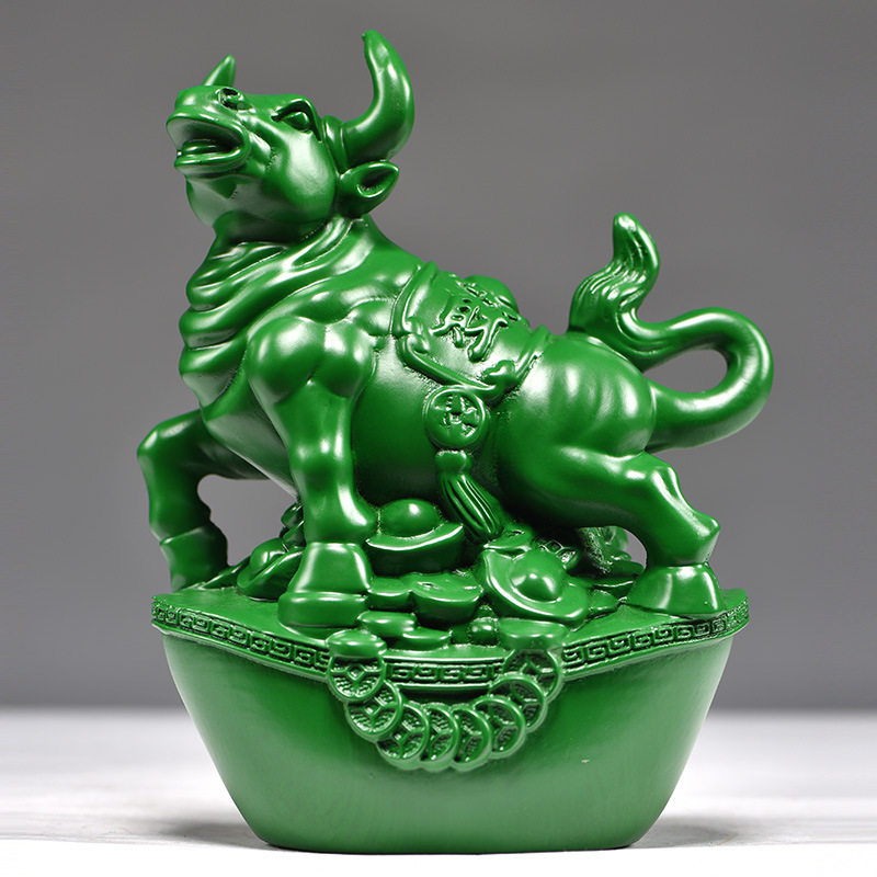 绿色木雕刻牛摆件三合十二生肖木牛工艺品家居客厅属牛装饰品送礼