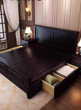 .美床式实木床18米复古风主卧人53057现代简约大婚床1.5米单黑色