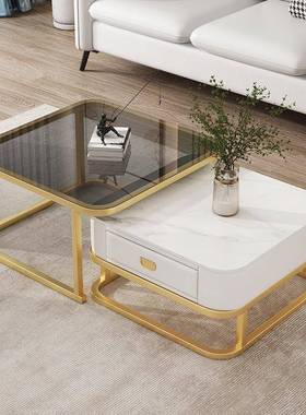 橙色茶轻奢岩板几钢化玻璃亮光厅家用客AZO小方户型现代简约形组