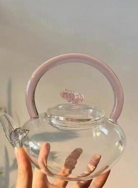 高硼硅耐高温玻璃煮泡粉茶壶高透JVK亮茶电陶具炉茶壶色蝴蝶提梁