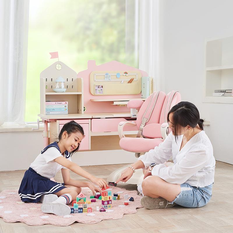 可家调实木儿童学习整桌椅套装学书桌书架一体实木学习用学生生城