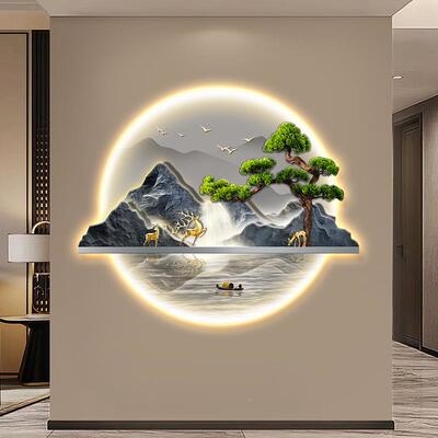 新式入户玄关生装饰带画流水财山水VZX画灯走廊过中道挂画迎客松