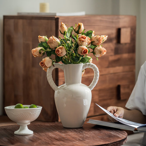 【浪漫高级感】麻花双耳陶瓷花瓶客厅餐桌花摆样板间插花装饰花器