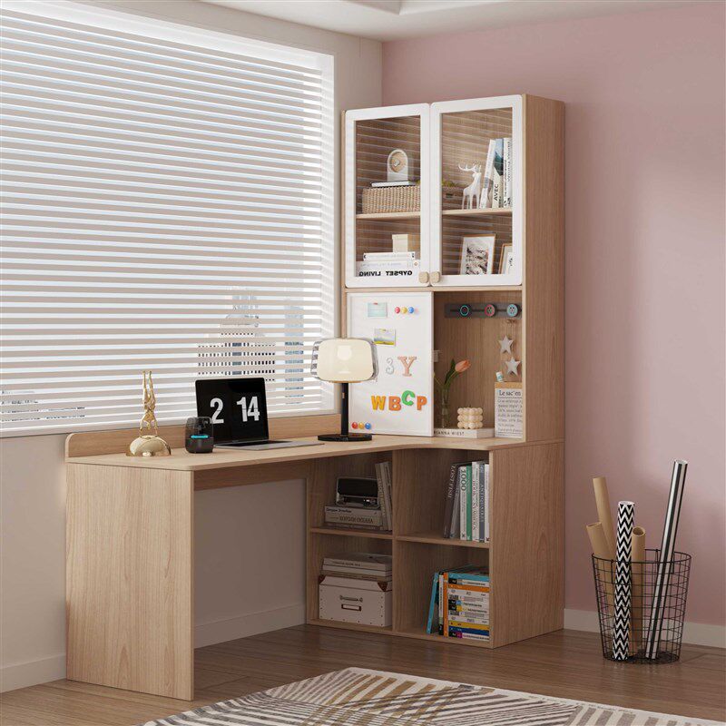 可比熊实木转角书桌书柜一体小户型家用电脑桌学生学习桌儿童书房