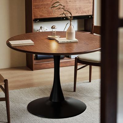 实木中复古风胡桃圆形餐桌椅子家用小户型法式咖啡洽谈郁金香茶几