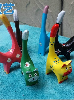 欧式彩绘纯手工木质磨削竖尾小猫6件套 家居桌面摆件儿童房装饰