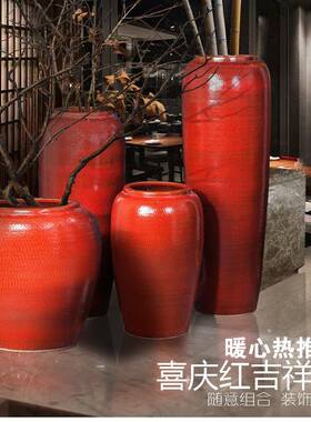 新中红色落大号陶式瓷花瓶摆件干支陶罐墅花盆酒店地BGL餐厅别软