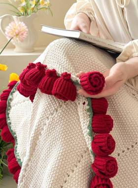 成品玫花束毛礼物毯手织工毛线钩花朵办公室沙发瑰午睡F99HM7MJ盖