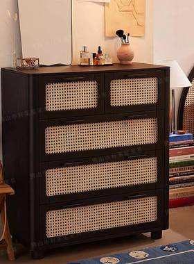黑色法式PUF户斗柜复古藤编简约储物柜型诧寂风餐六边柜小家用玄