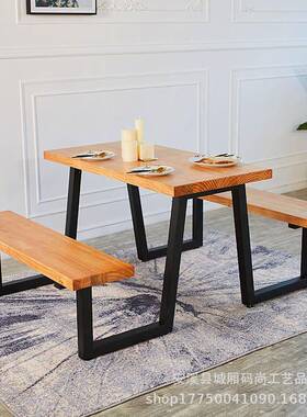 美式板复古实木厅连体桌椅四人店位咖啡食堂快餐餐厅连d-646体餐