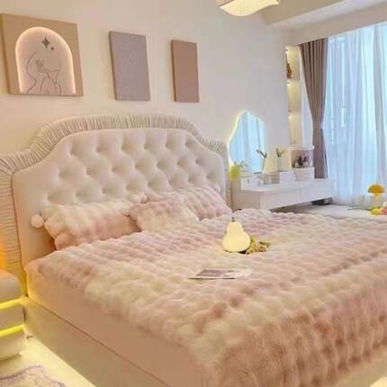 油奶风双人床法式轻奢简约现代布女生公主床民绒宿主卧LIB拉扣布