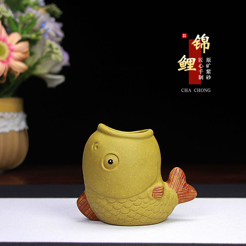 宜兴紫砂茶宠摆件创意手工雕塑茶玩花插锦鲤工艺品正宗段泥批发