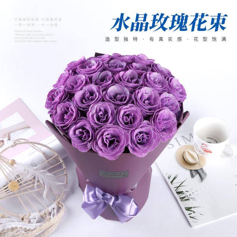 现货供应水晶金粉玫瑰花婚庆促销活动假仿真花束六层水晶玫瑰花束
