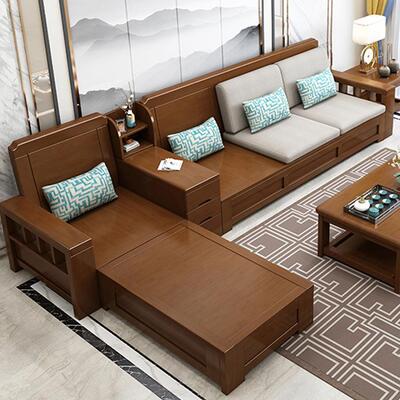 爱杰家具新中式冬夏两用可储物高靠背实木沙发全实木舒坐