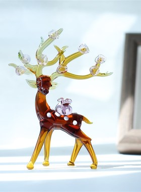 淄博琉璃手工艺品招财梅花鹿桌面摆件一路有钱家居办公书桌装饰品