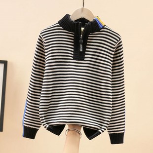 男童毛衣半高领套头秋冬款女童拉链线衣立领加绒加厚纯棉针织衫潮