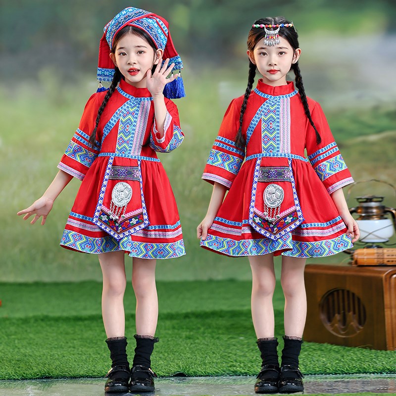 三月三少数民族服装儿童苗族彝族铜族广西壮族男女童苗族演出服