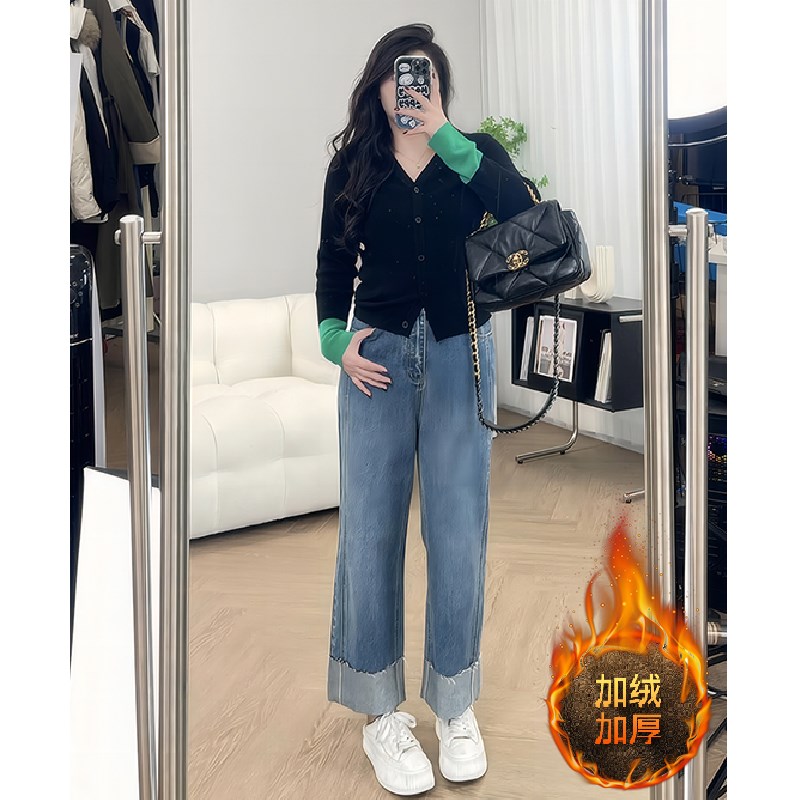 胖mm大码女装翻边牛仔裤女秋冬加绒加厚直筒裤子显瘦小个子九分裤