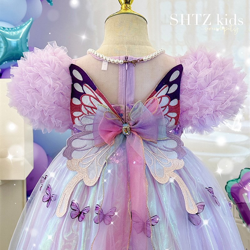 女童连衣裙夏季洋气带翅膀公主裙紫色裙子儿童表演礼服六一演出服