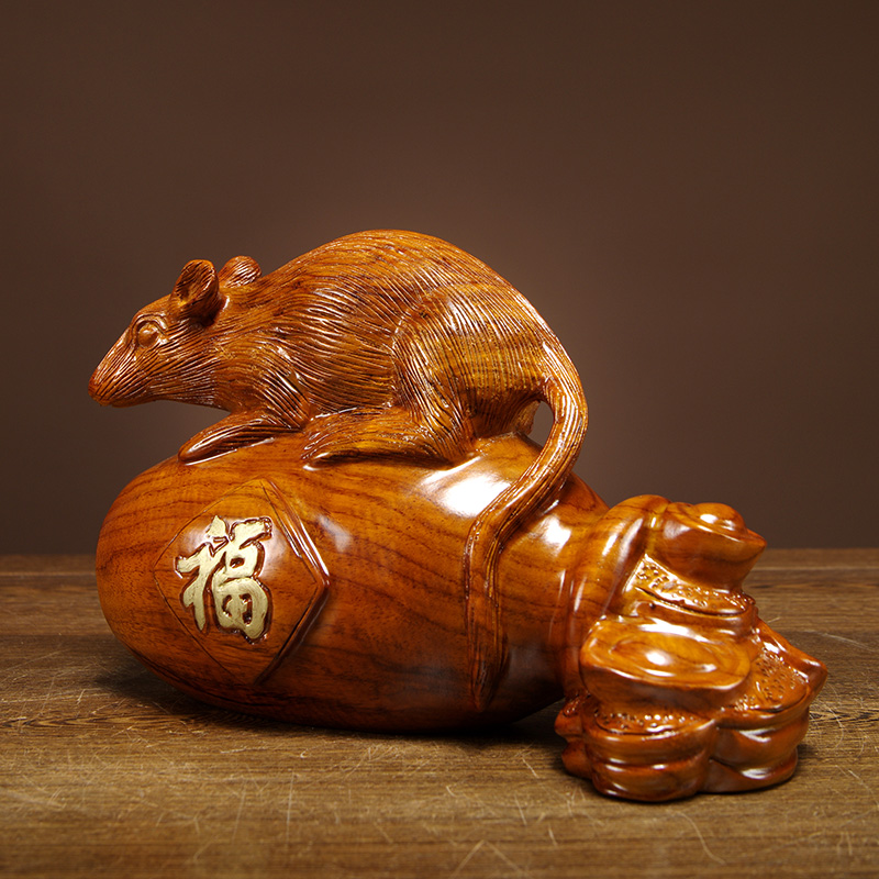 花梨木雕鼠摆件动物生肖家居客厅电视柜店铺办公室装饰实木工艺礼