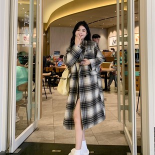 小矮个子150宽松复古百搭格子毛呢大衣中长款夹棉加厚外套女xs码