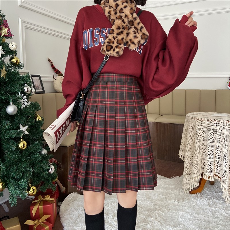 红色格子百褶裙半身裙大码女包臀裙春秋新款高腰a字裙防走光中裙