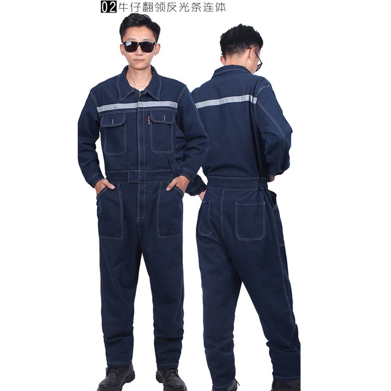 牛仔连体服带帽工作服男喷漆焊工防护装汽修搬运养殖透气耐脏秋冬