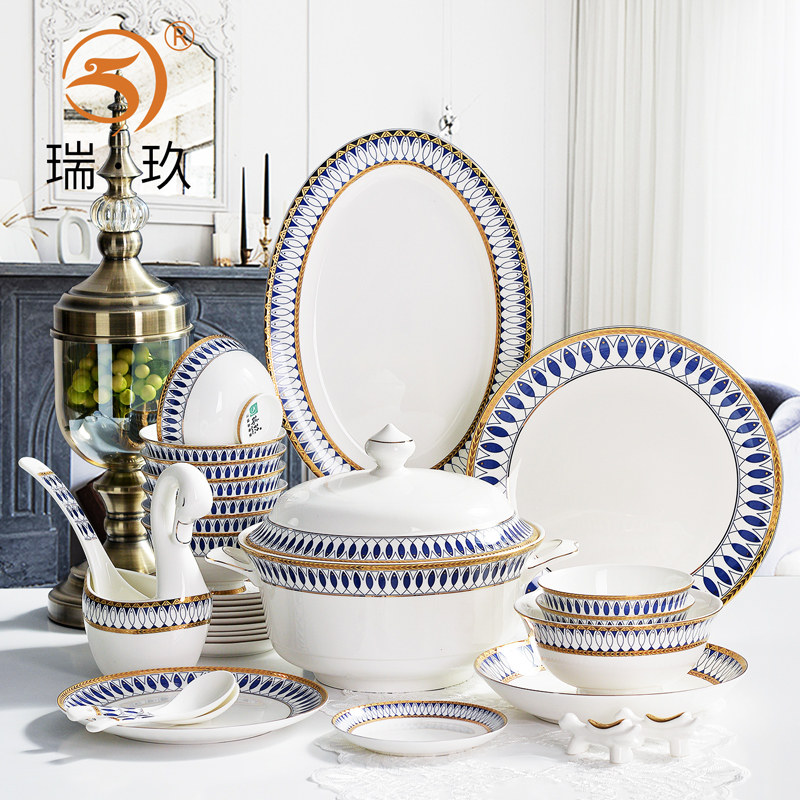 骨瓷餐具套装碗盘家用组合欧式60头餐具碗碟乔迁新居礼盒成套餐具