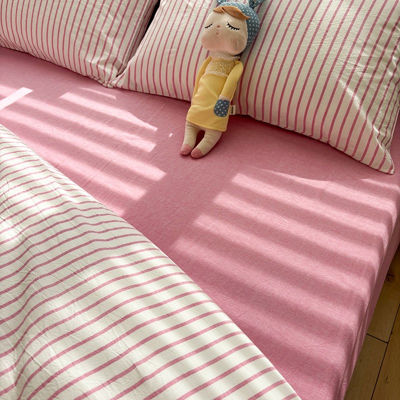 水洗棉玫红条纹夏纯棉床单单件全棉学生宿舍单人被单可配三四件套