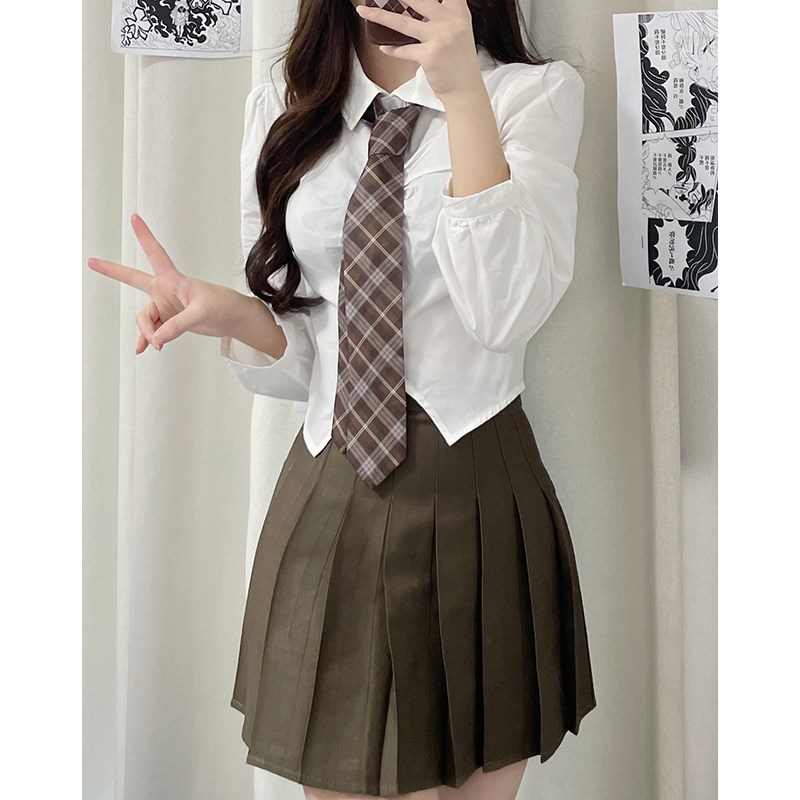 收腰jk套装制服学院风白色短款衬衫女百搭长袖衬衣褶皱设计感上衣