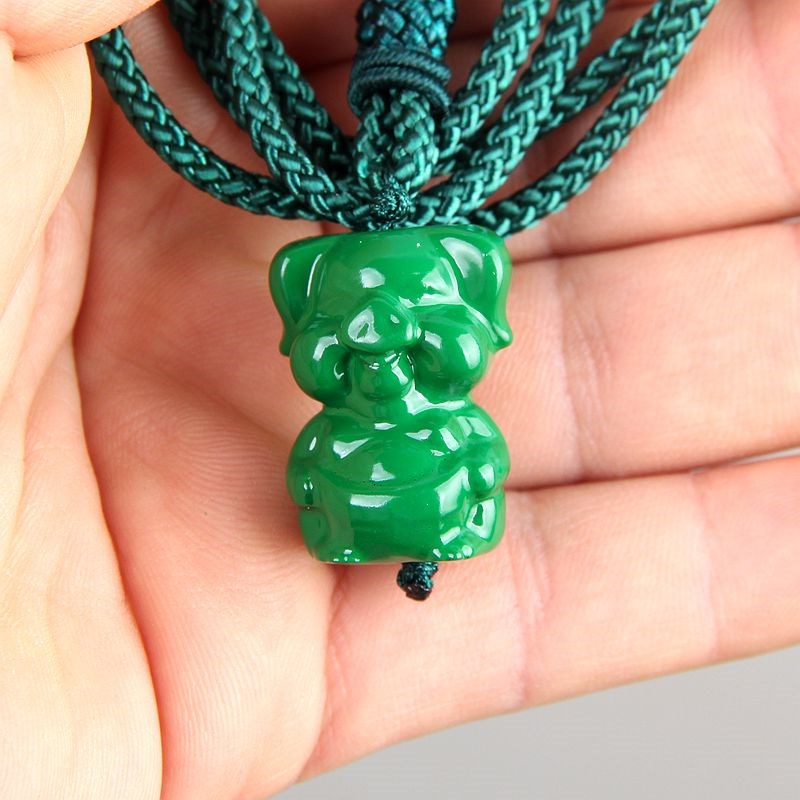 东阳木雕实木木质绿色小猪吊坠挂件十二生肖工艺品家居桌面猪摆件