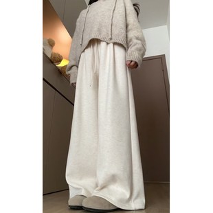 奶白色糯米裤秋冬胯宽大粗腿女生裤子胖mm显瘦大码加绒阔腿休闲裤