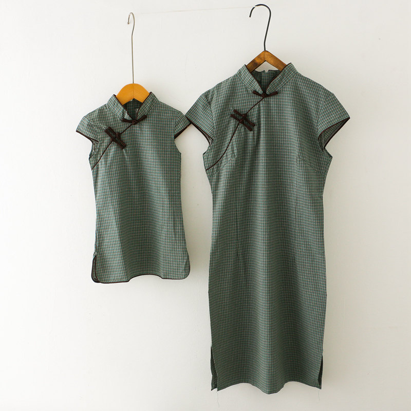 亲子母女装墨绿格子复古民国风女童短袖旗袍裙2023夏季文艺连衣裙