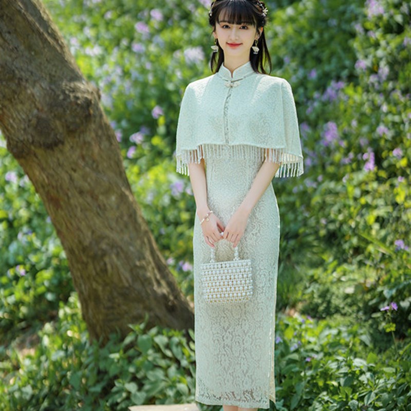 司藤旗袍2023年新款法式米色年轻款少女改良版复古名媛气质两件套