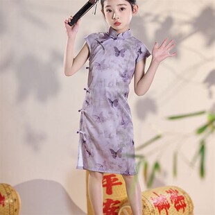 女童旗袍紫色新中式复古国风改良连衣裙小女孩日常古装汉服演出服