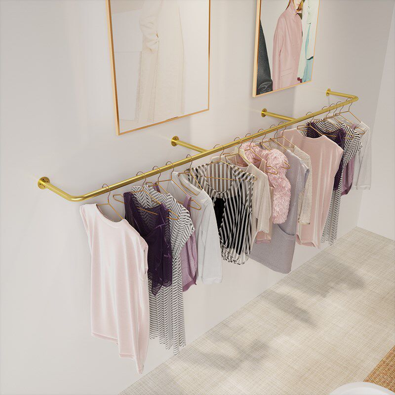 服装店展示架铁艺金色挂衣杆上墙服装架女装店侧挂壁挂货架童装架