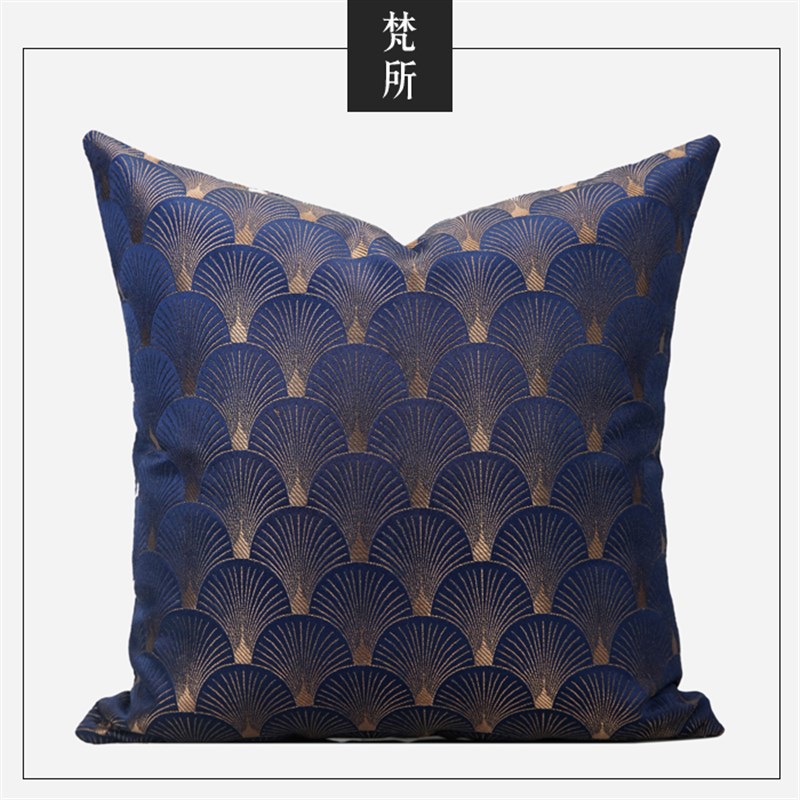 新中式轻奢/样板房间沙发床头靠包靠垫抱枕/深蓝波纹图形提花方枕