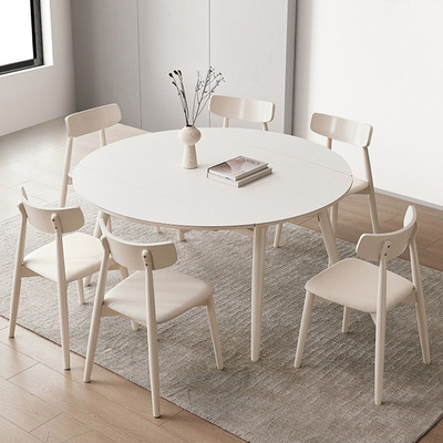 纯白色实木岩板伸缩餐桌家用中小户型奶油风圆形折叠方桌可变圆桌