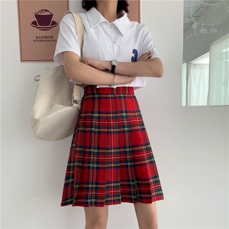 大码胖mm格纹百褶裙女春夏2024新款中长红格子高腰显瘦学生半身裙