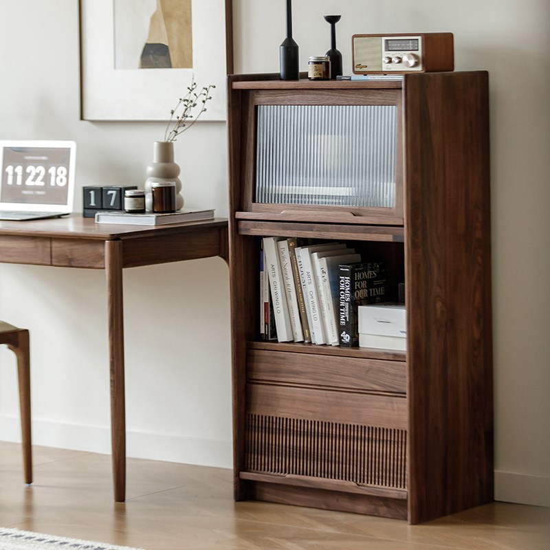 梦天然黑胡桃木实木书柜餐边柜玻璃门展示柜客厅靠墙储物柜北欧