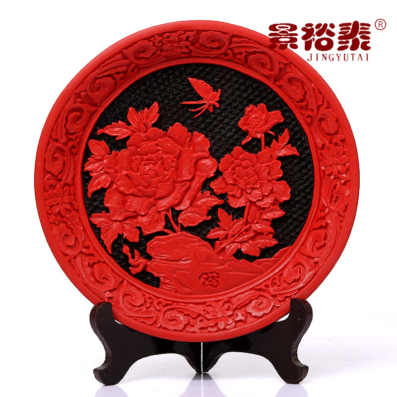 北京特色漆雕漆盘漆器富贵牡丹花客厅乔迁商务摆件送老外出国礼品