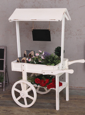 美式田园风家居软装饰品木质阳台花架落地奶茶店铺摆设推车置物架