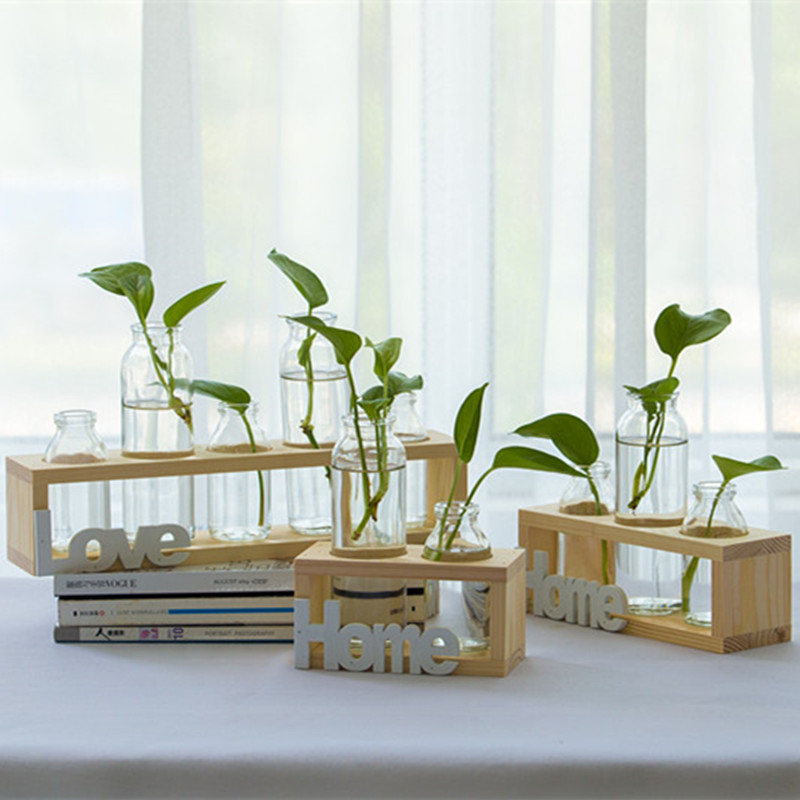 创意水培透明玻璃木架花瓶七客厅装饰绿萝植物个性摆件容器装饰品
