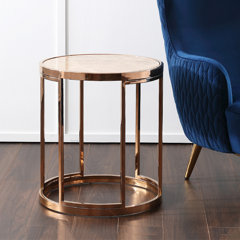 轻奢圆形客厅金属玫瑰金边几小户型简约边桌浅啡网大理石钢化圆桌