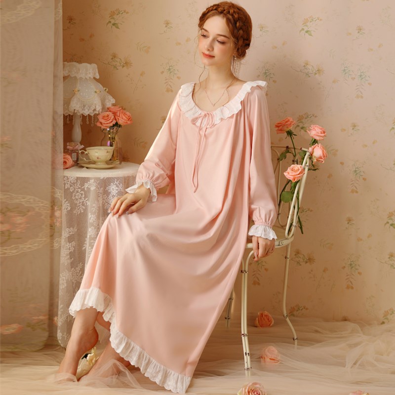 法式长袖宫廷风睡衣女秋冬纯棉睡裙春秋粉色女款公主风家居服长款