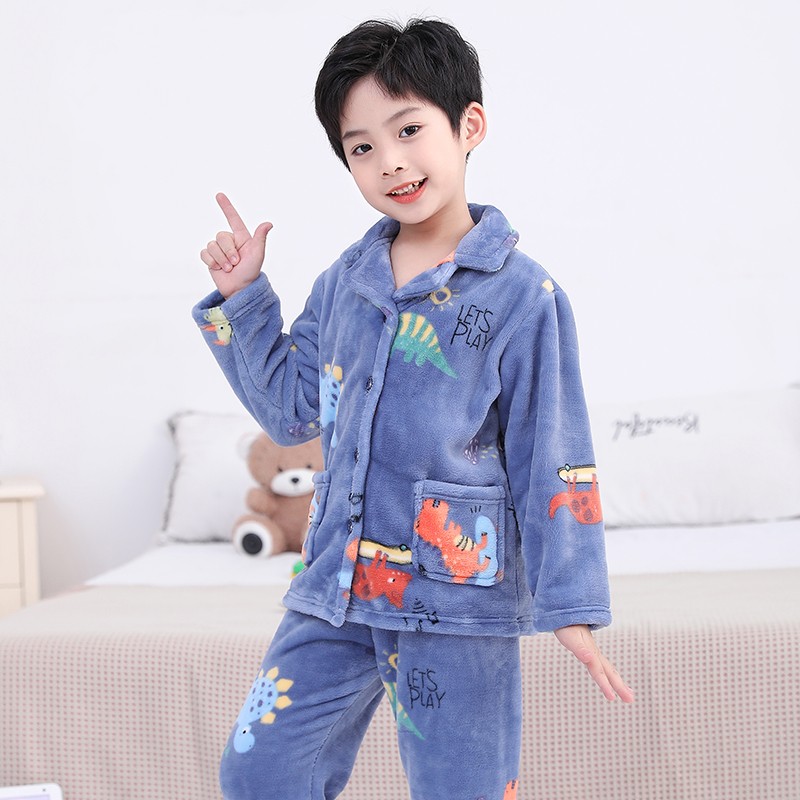 男童儿童法兰绒睡衣秋冬加厚女孩大童珊瑚绒中小童宝宝家居服套装