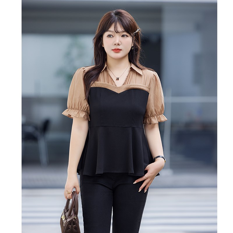 2024夏装新款法式气质V领收腰显瘦短袖气质雪纺衫大码胖MM上衣女
