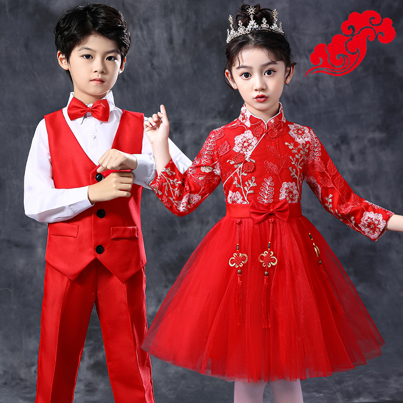 儿童合唱团演出服中国风红色蓬蓬裙男女童小学生朗诵比赛合唱表演