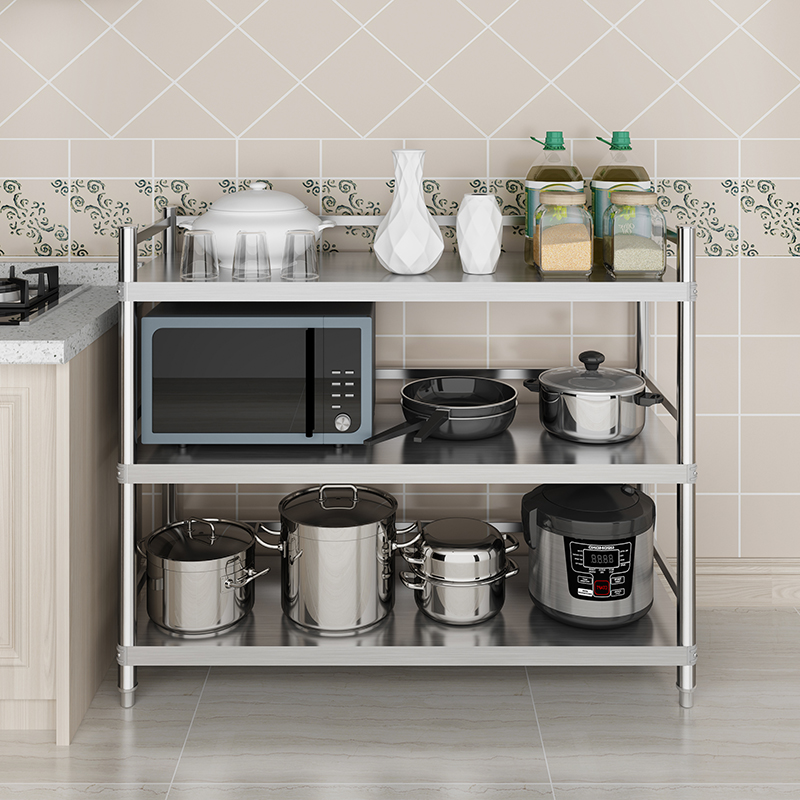 不锈钢厨房置物架3层带围栏落地式多层微波炉省空间收纳家用货架