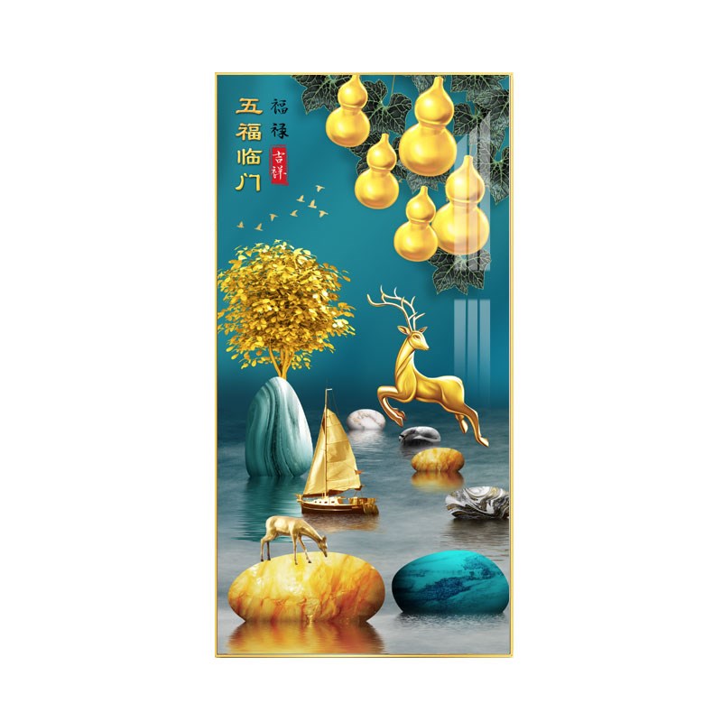 网红新中式入户玄关画鹿客厅装饰画五福临门葫芦壁画时来运转走廊